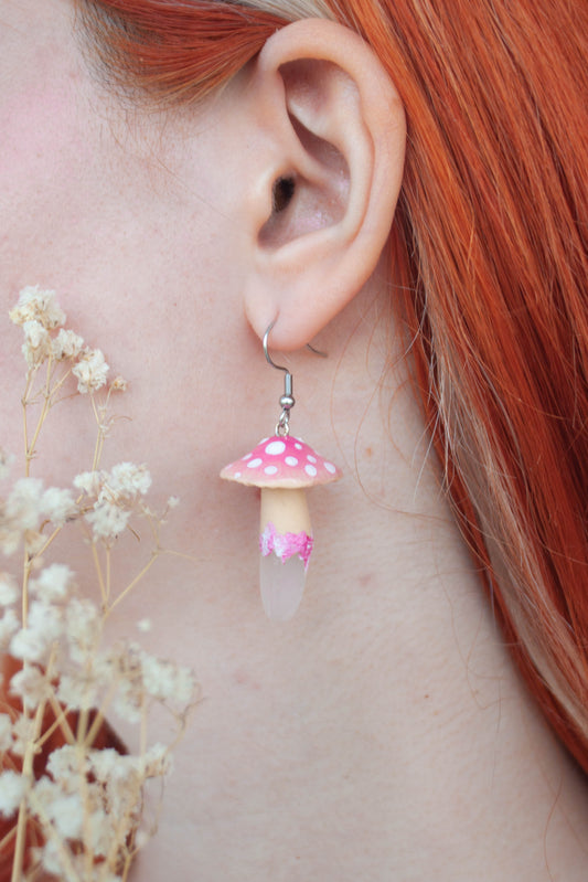 Pink Mushroom Earrings with Rose Quartz