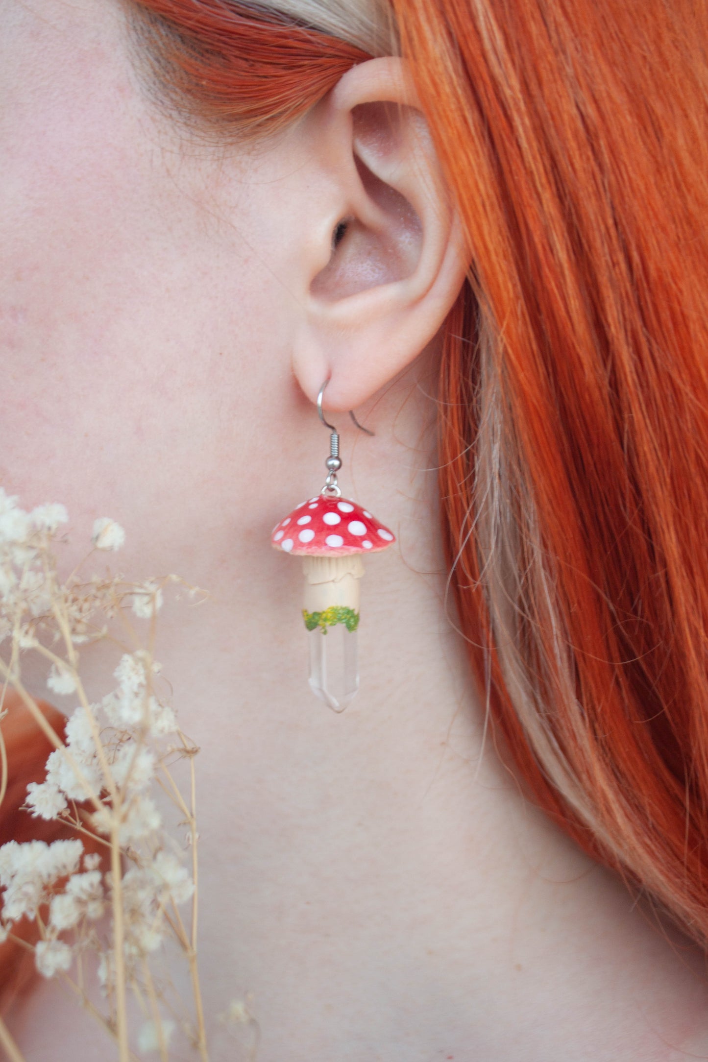 Red Mushroom Earrings with Clear Quartz