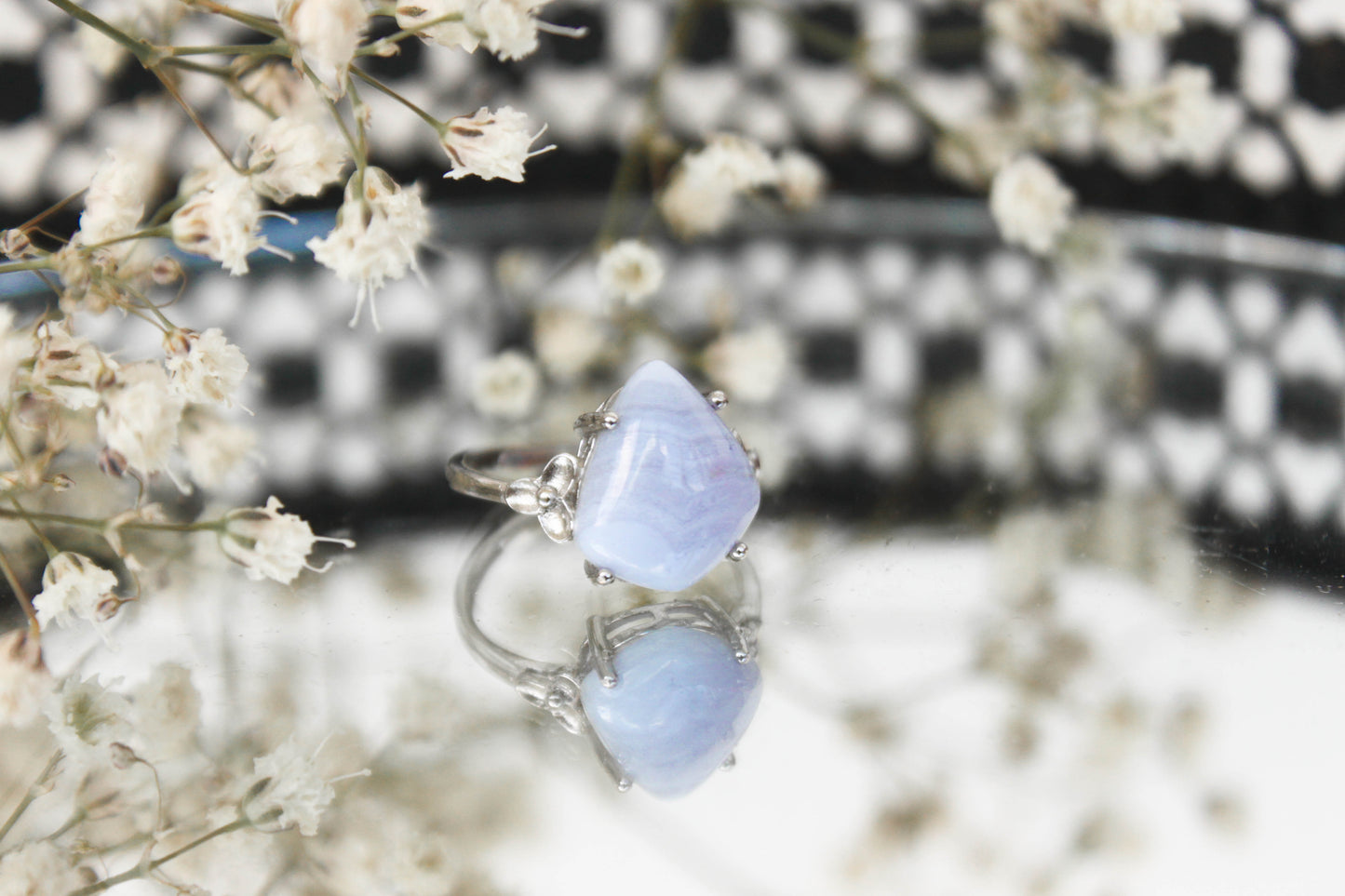 Blue Lace Agate Silver Adjustable Ring