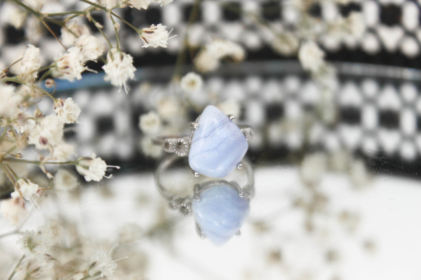 Blue Lace Agate Silver Adjustable Ring