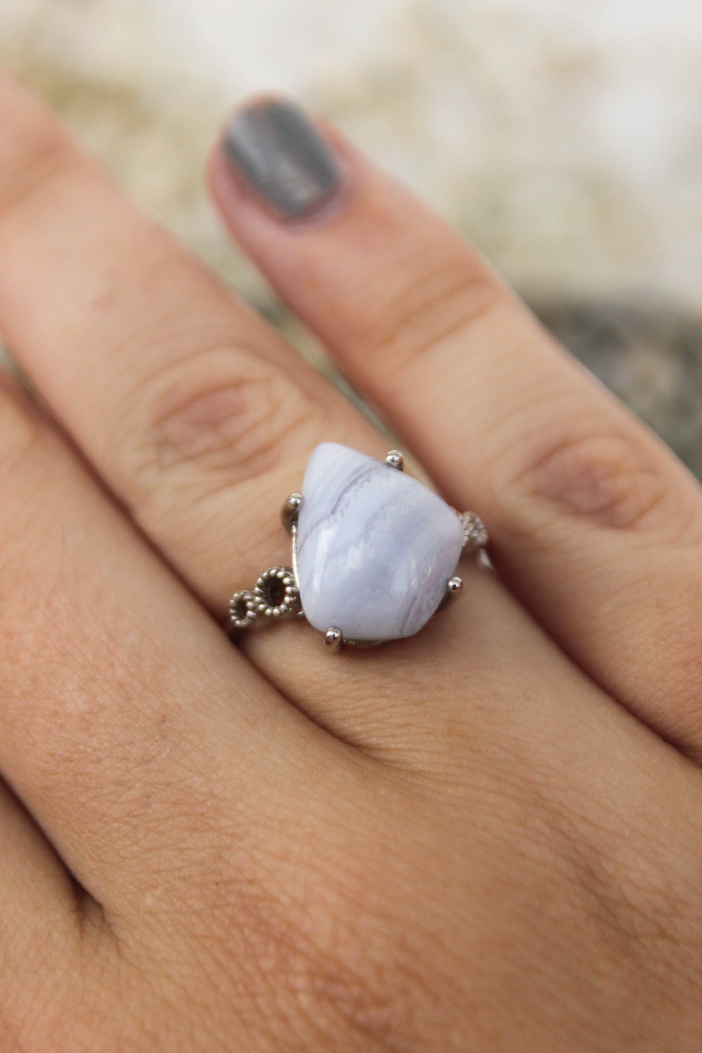 Blue Lace Agate Silver Adjustable Ring