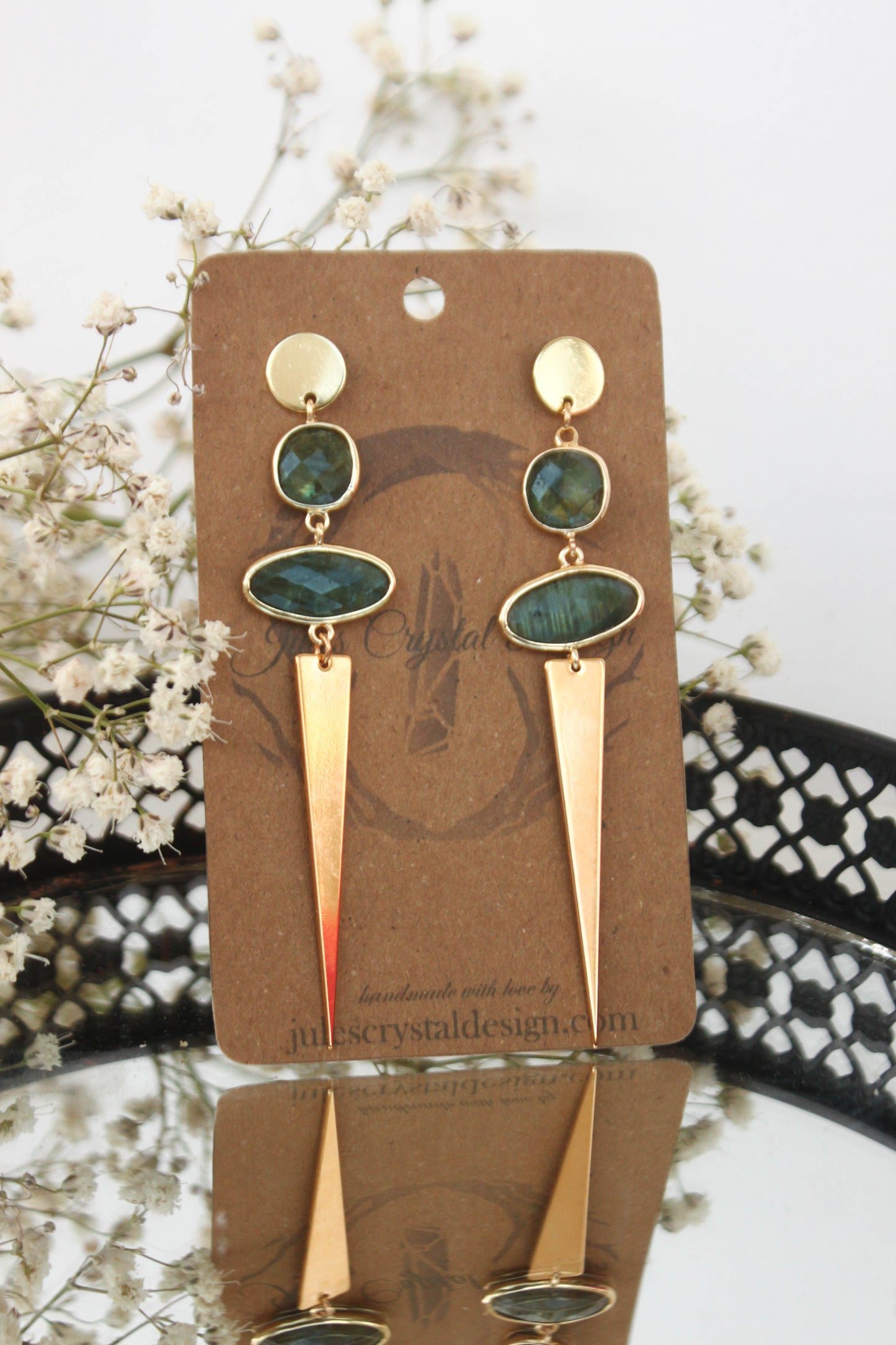 Long Labradorite Golden Earrings