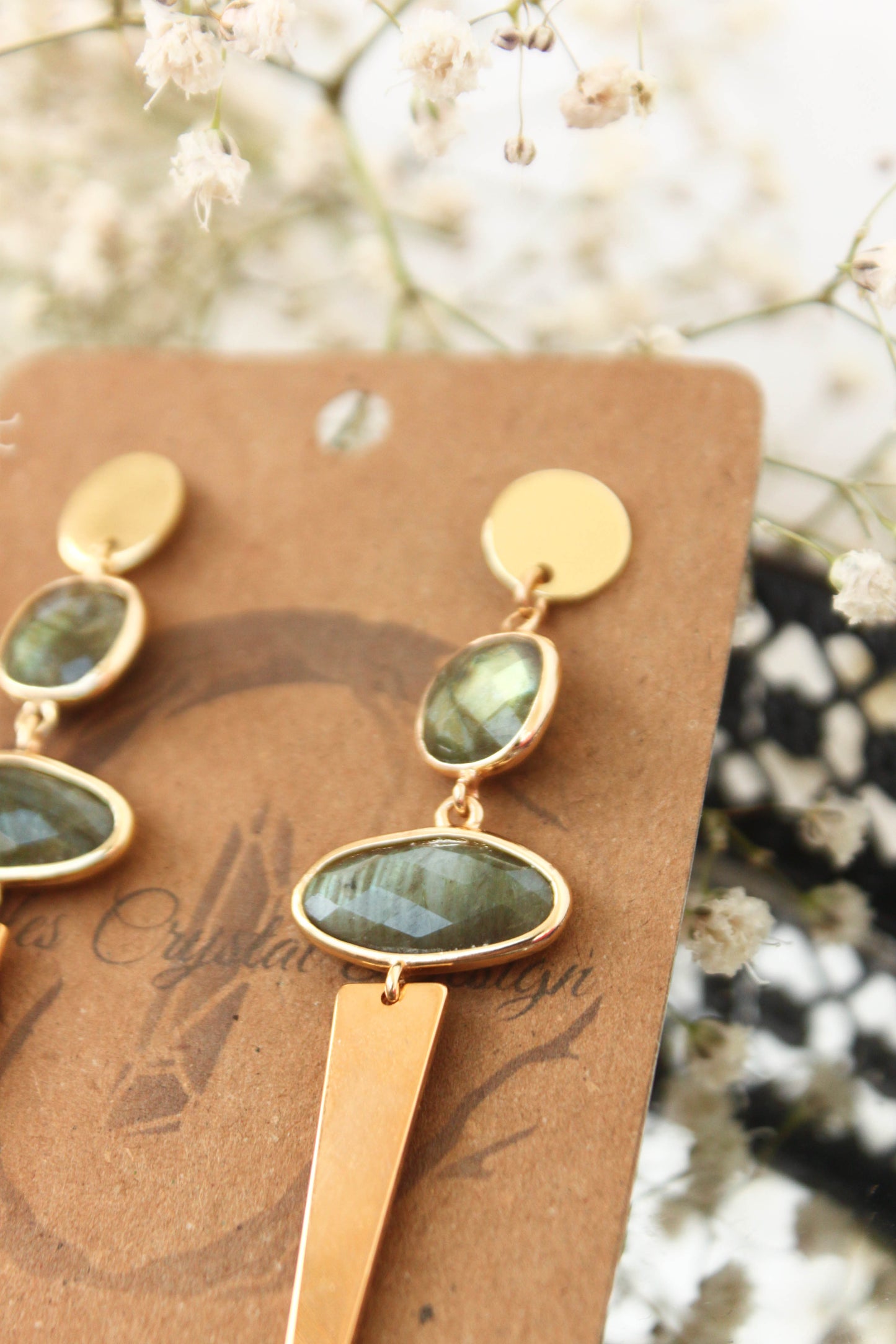 Long Labradorite Golden Earrings