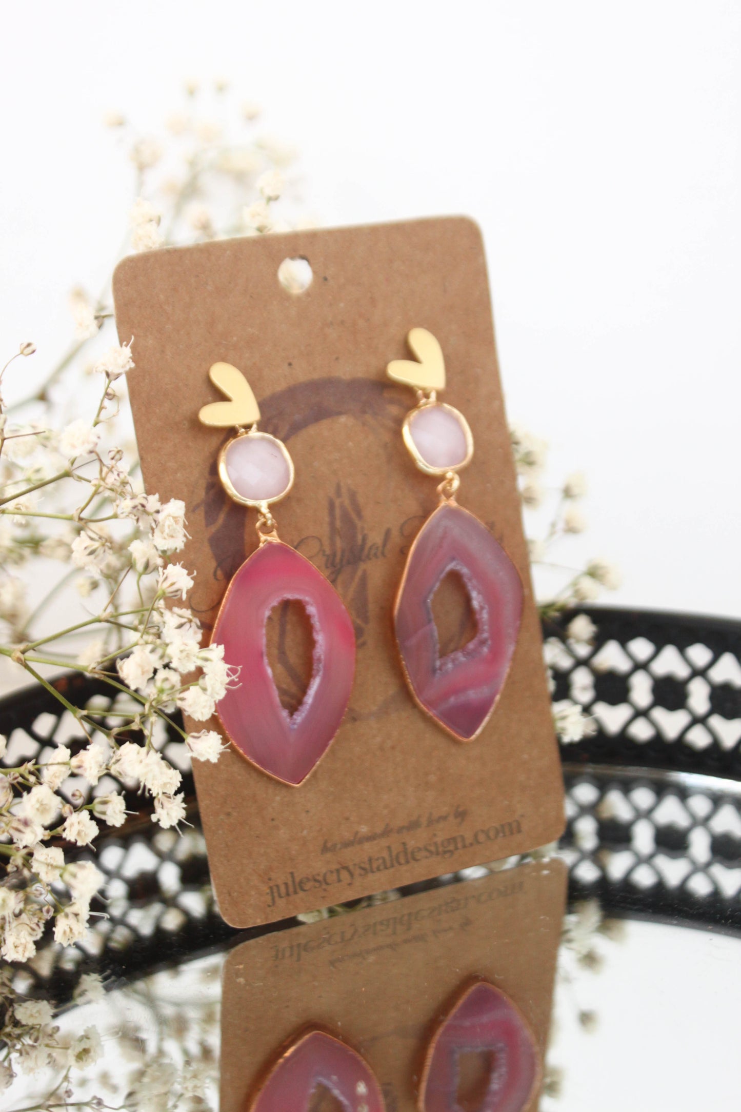 Pink Agate Slice and Rose Quartz Earrings