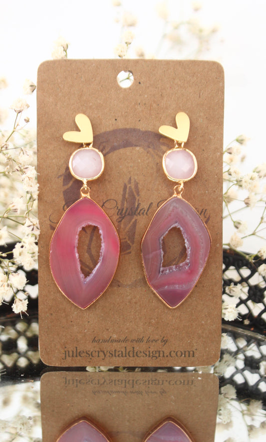 Pink Agate Slice and Rose Quartz Earrings