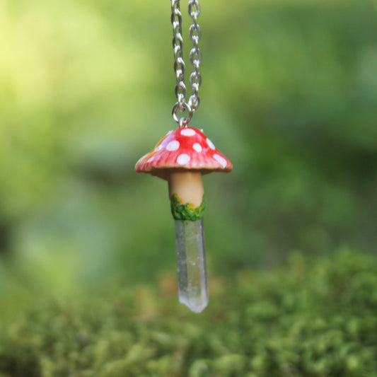 Red Mushroom Necklace with Clear Quartz