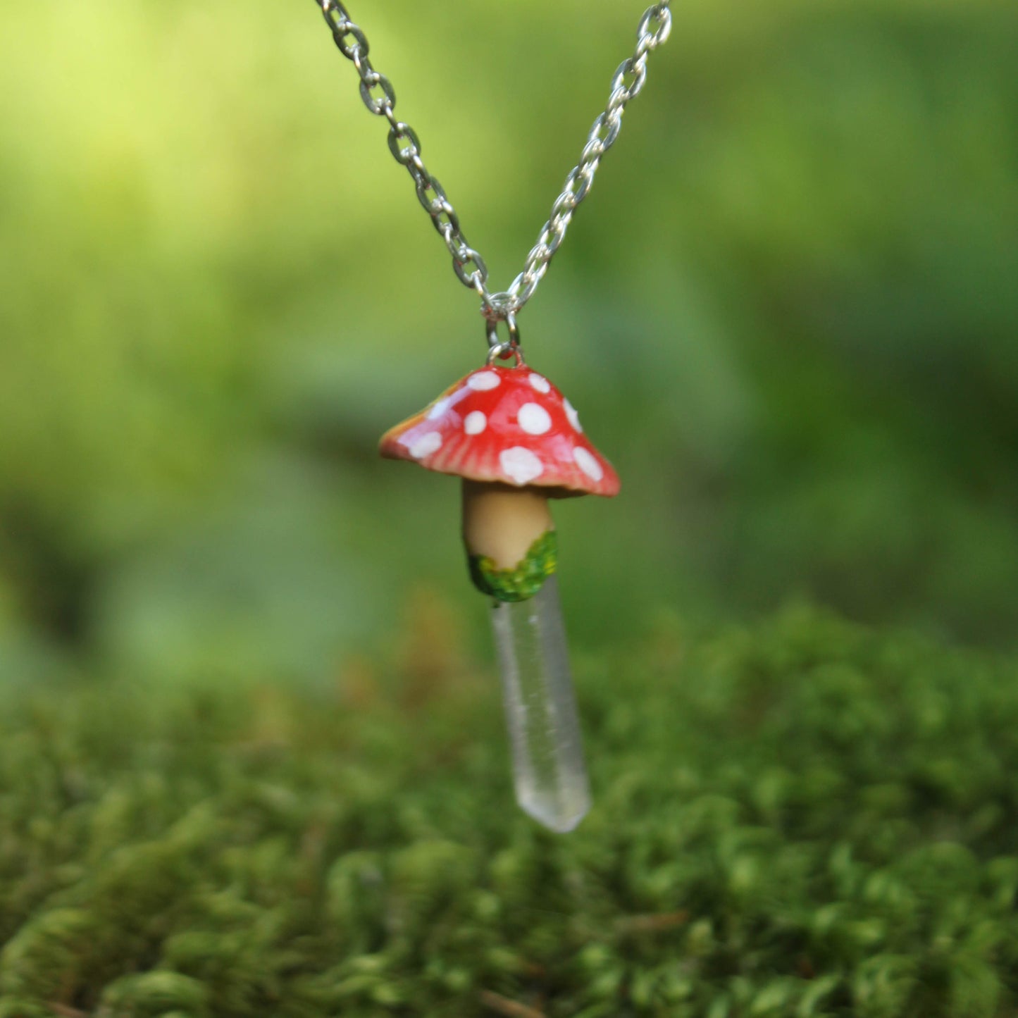 Red Mushroom Necklace with Clear Quartz