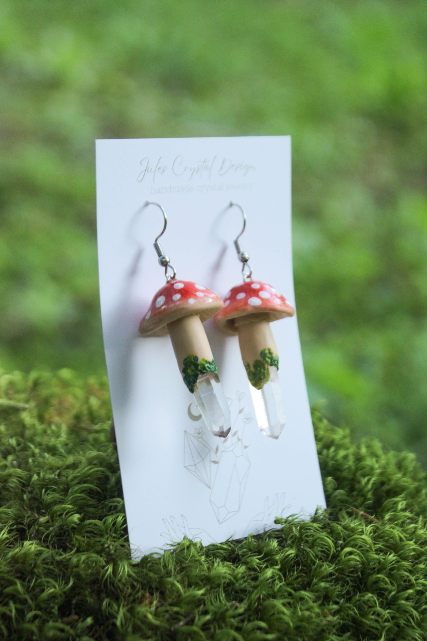 Red Mushroom Earrings with Clear Quartz