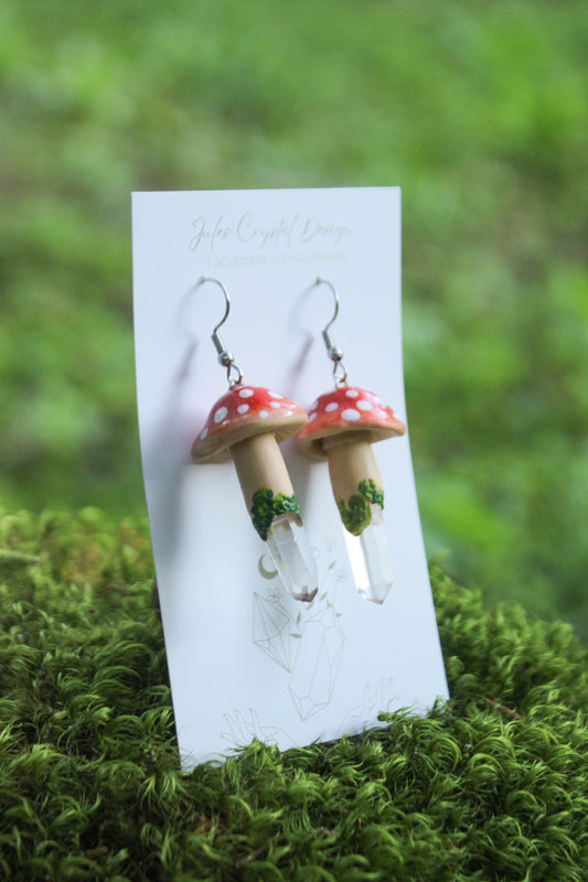 Red Mushroom Earrings with Clear Quartz