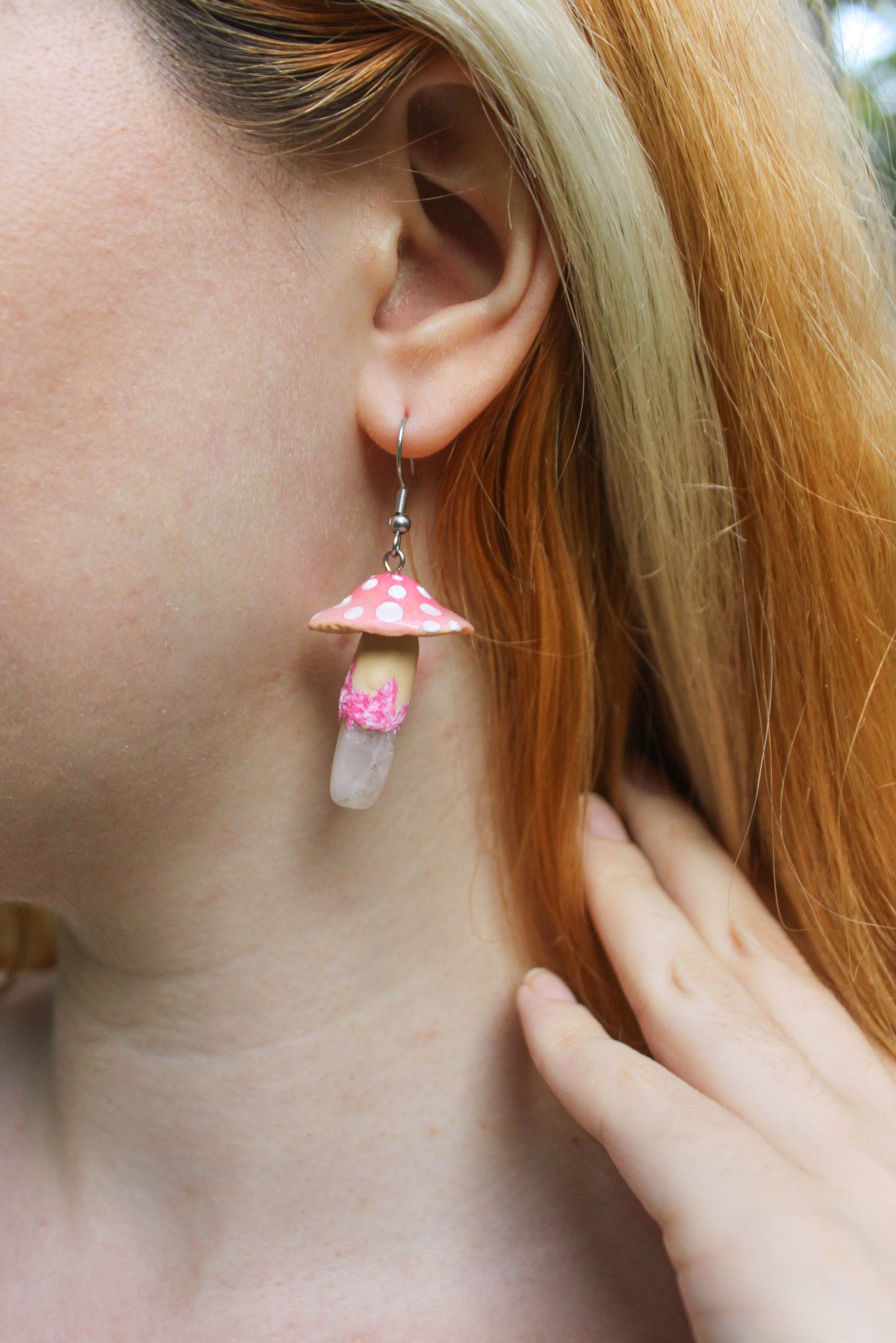 Pink Mushroom Earrings with Rose Quartz