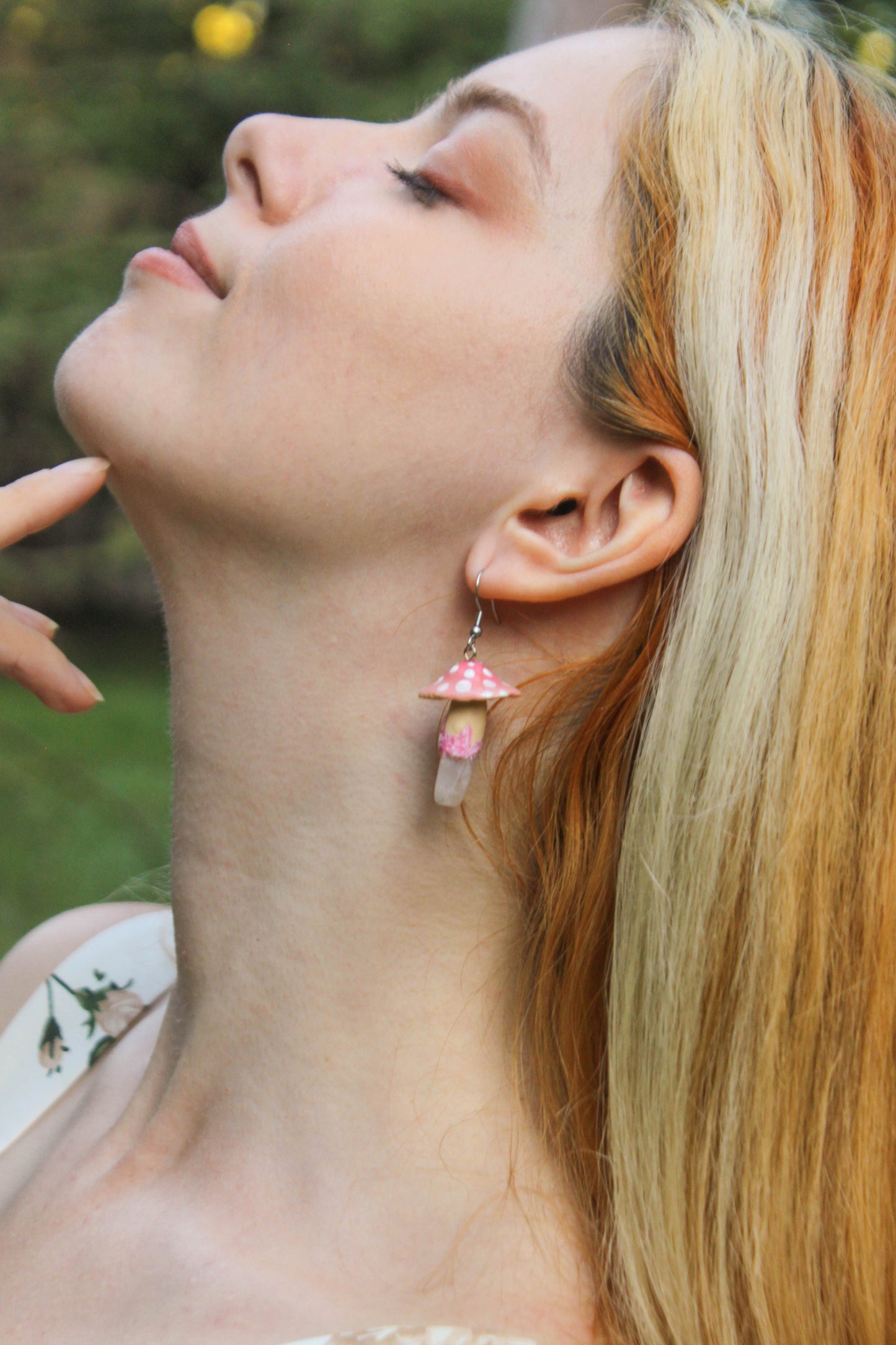 Pink Mushroom Earrings with Rose Quartz