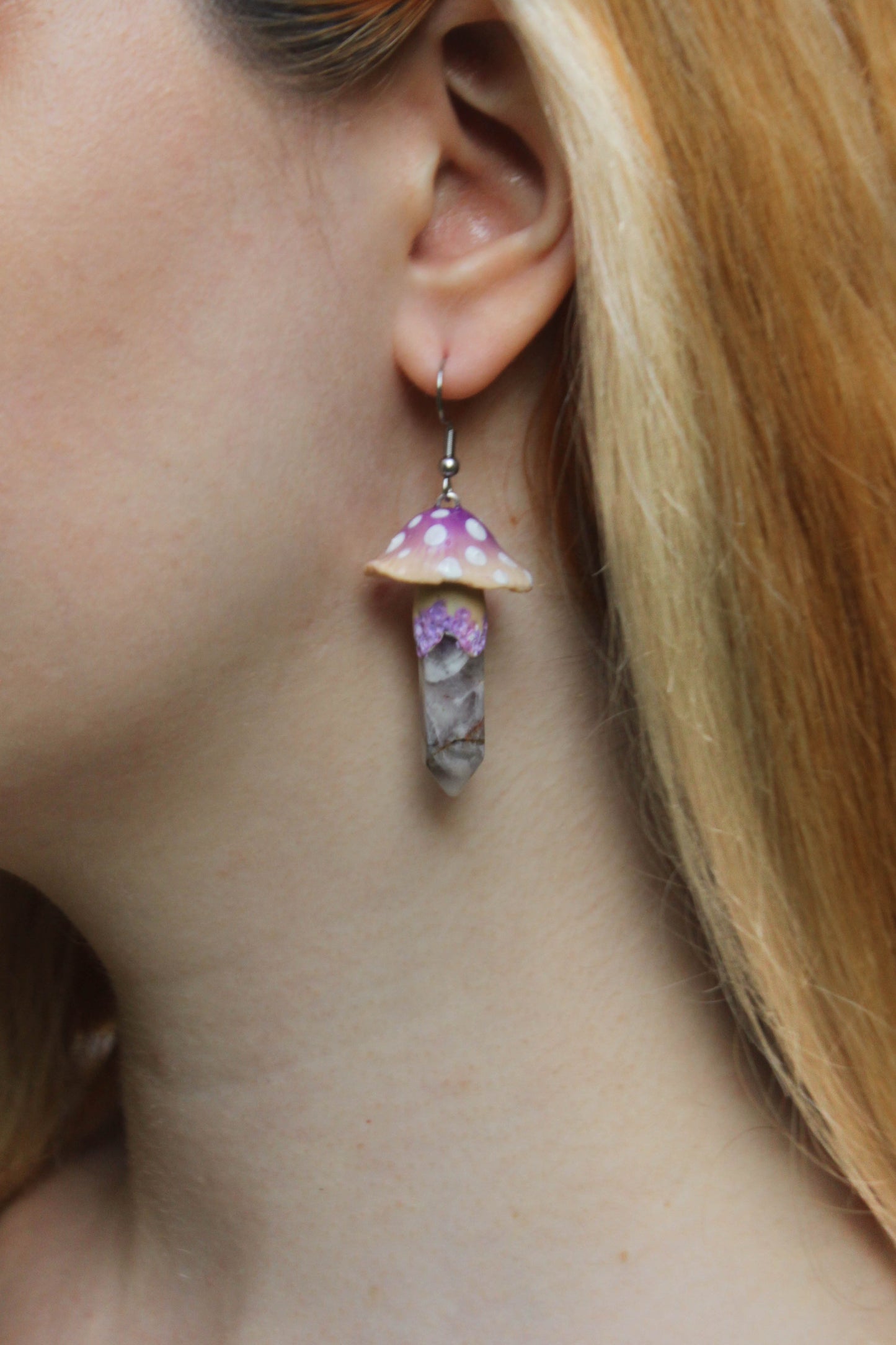 Purple Mushroom Earrings with Chevron Amethyst