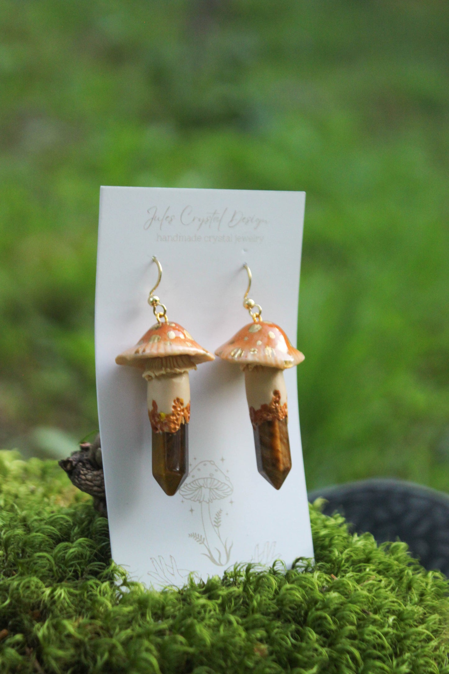 Beige Mushroom Earrings with Tiger's Eye