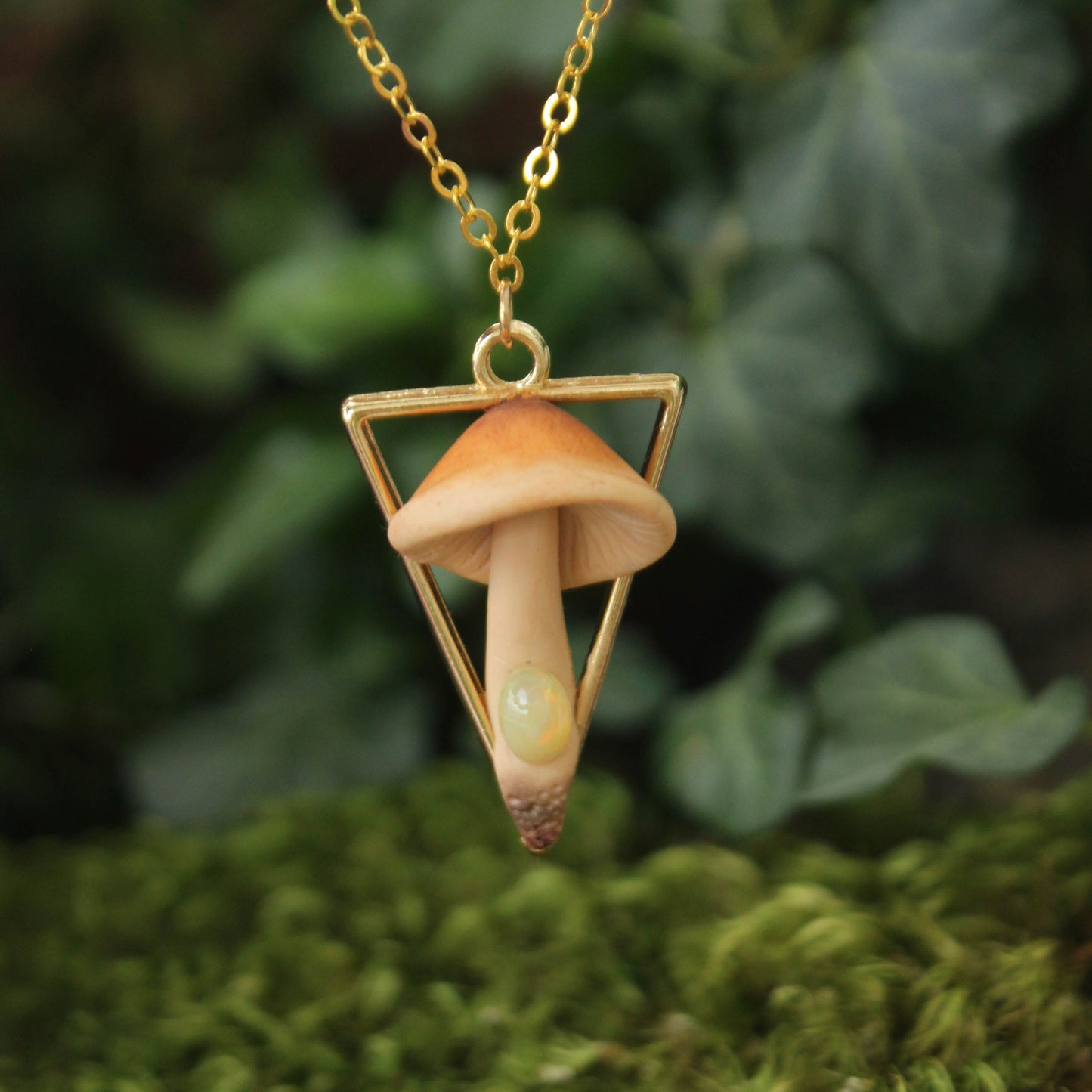 Gold Triangle Mushroom Necklace with Fire Opal