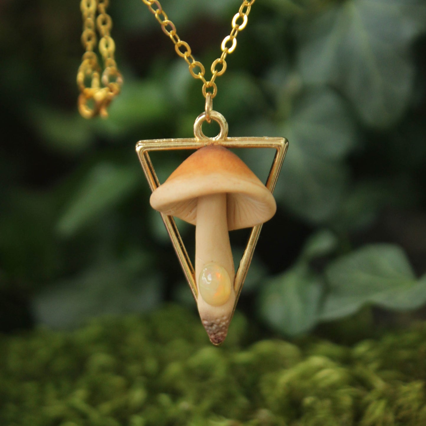 Gold Triangle Mushroom Necklace with Fire Opal