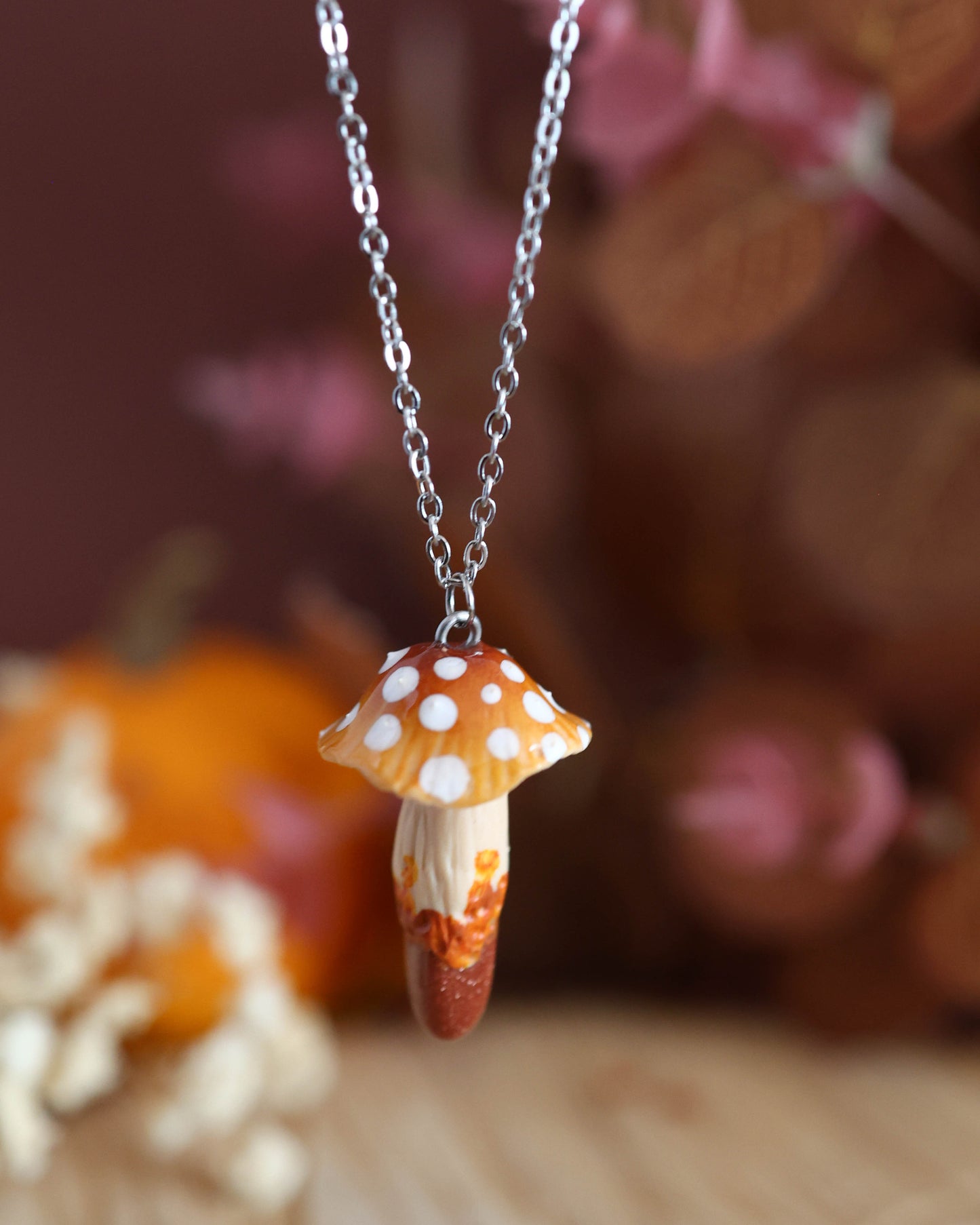 Orange-Brown Mushroom Necklace with Sunstone – Handmade Crystal Jewelry